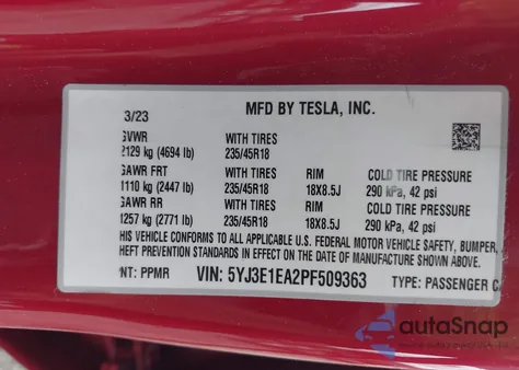 2023 Tesla Model 3 Rear-Wheel Drive из США, поврежденный, VIN 5YJ3E1EA2PF509363